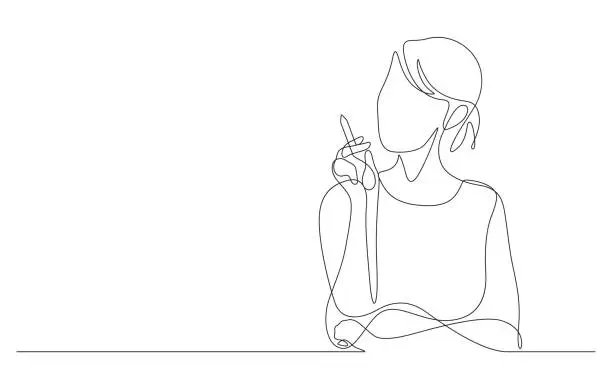 Vector illustration of young business woman pointing with stylus pen having an idea one line