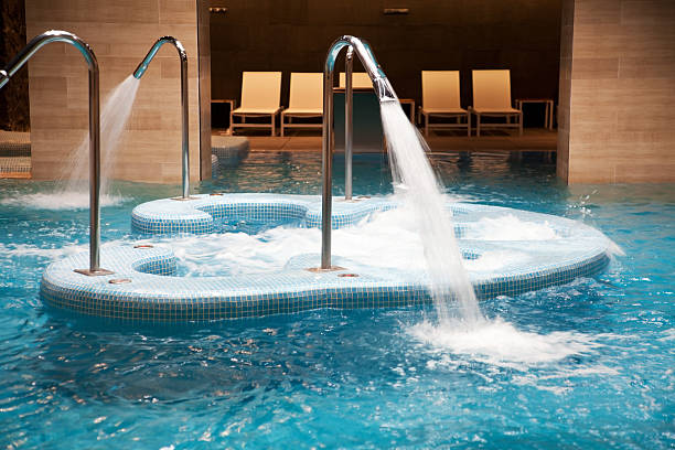Empty hot swimming pool with spa in action