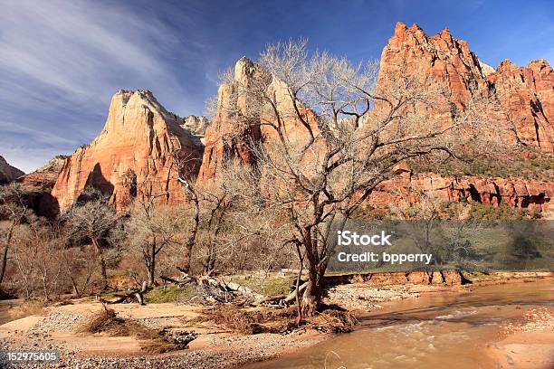 Tribunal Patricarchs Rio Virgin Parque Nacional De Zion De Utah - Fotografias de stock e mais imagens de Ao Ar Livre