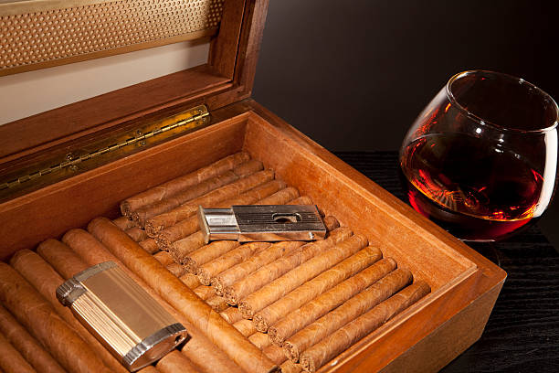 istock Glass of Brandy with Humidor, horizontal, lighter and Cutter 152977587