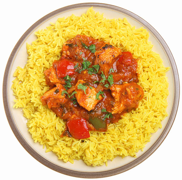Indian Chicken Curry & Rice Meal stock photo
