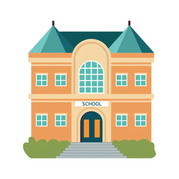 Vector illustration of School with a green lawn.