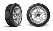 Two car wheels standing vertically with white backdrop
