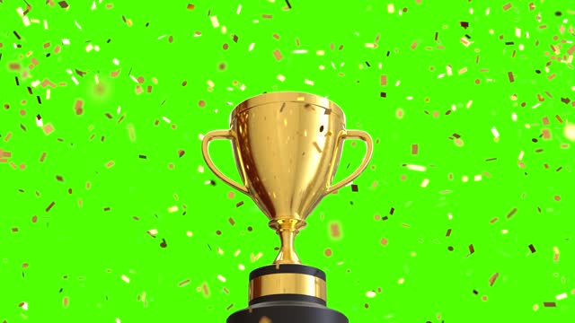 Golden trophy with falling golden confetti on green background, Victory