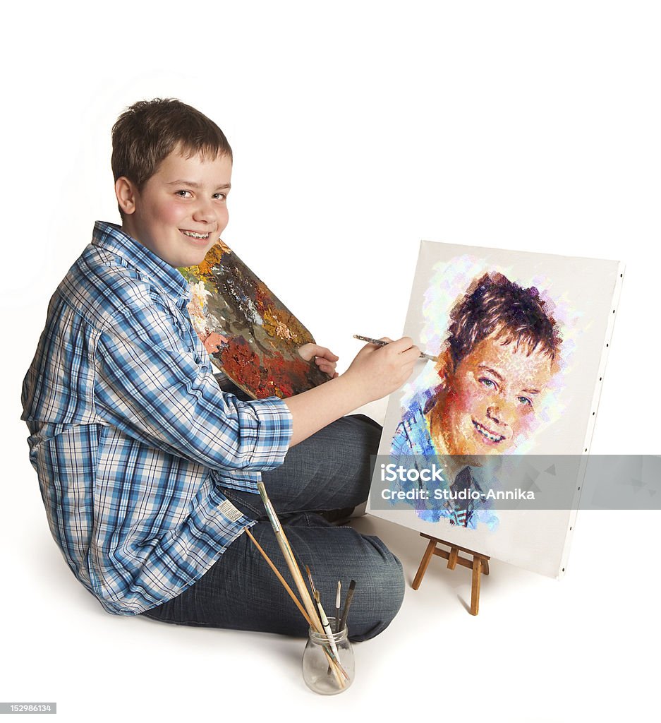 Teenager artist Teenager artist making a self-portrait artwork painting  Painting - Activity Stock Photo
