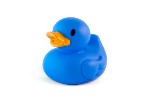single blue rubber duck isolated over white