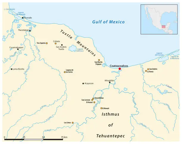 Vector illustration of map of the olmec cultural zone on the southern gulf coast of mexico
