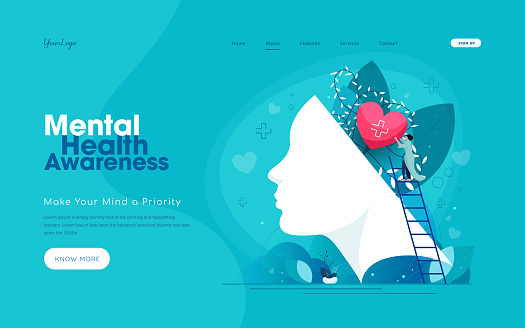 Mental health concept. Man with heart in hands and woman with watering can near abstract silhouette of head with plants. Psychological help and support, mindfulness. Cartoon flat vector illustration