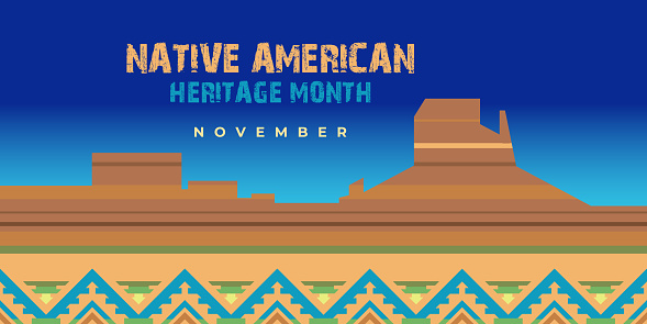 Native american heritage month. Vector banner, poster, card, content for social media with the text Native american heritage month, november. Background with native with rock and ornament border.