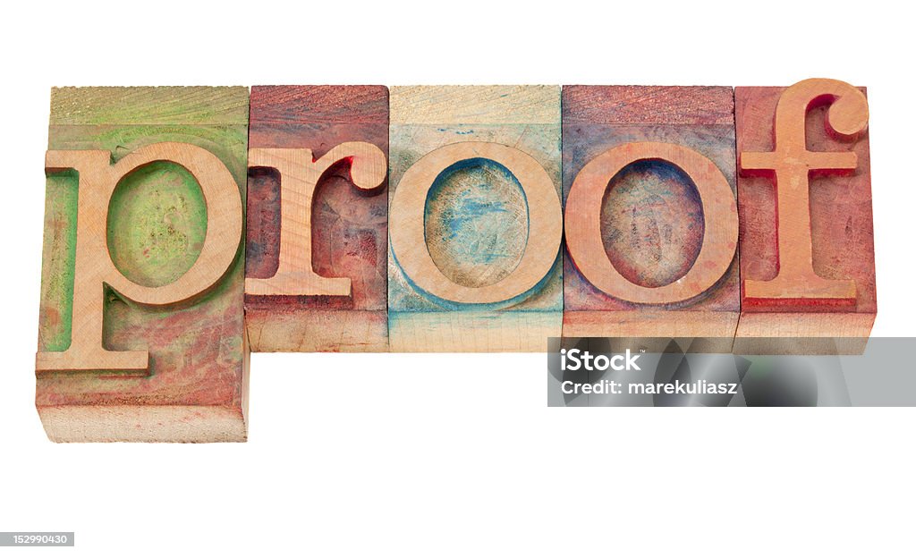 proof word in letterpress type proof word in vintage wooden letterpress printing blocks, stained by color inks, isolated on white Abstract Stock Photo