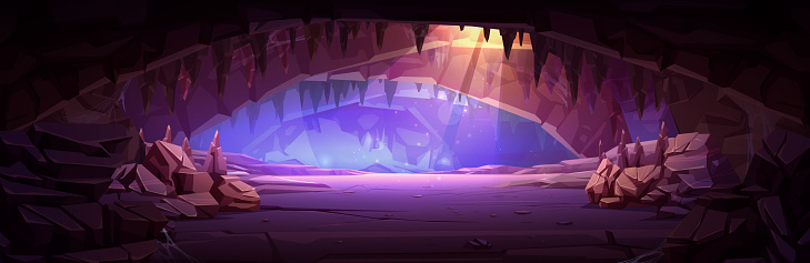 Cartoon cave interior illuminated with sunlight from ceiling. Vector illustration of rocky landscape inside mountain for adventure game background. Fantasy dark scene with stones and cobweb. Old mine