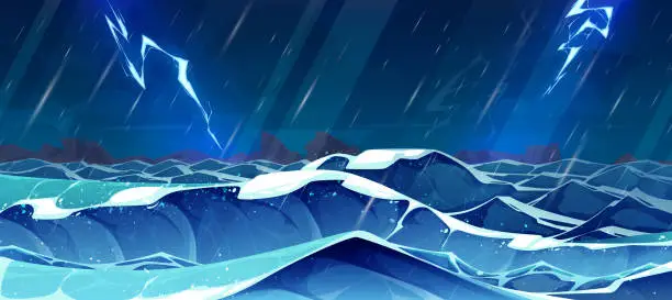 Vector illustration of Cartoon stormy seascape, rainfall and lightning