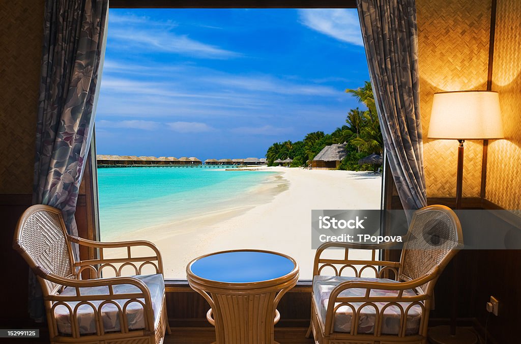 Hotel room and tropical landscape Hotel room and tropical landscape - vacation concept background Beach Stock Photo