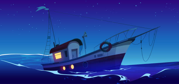 ilustrações, clipart, desenhos animados e ícones de barco de pesca no mar ou no oceano à noite - fishing industry fishing nautical vessel buoy