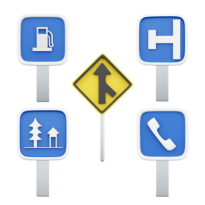 3d rendering minor road junction, gas station, dead end on the left, resting place, telephone road sign icon set. 3d render road sign concept icon set.