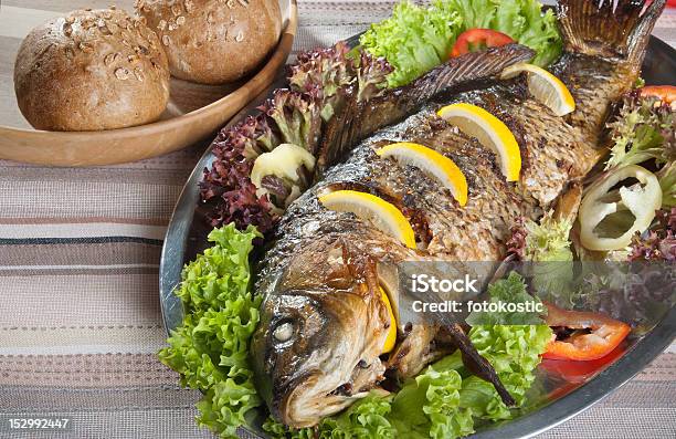 Served Fried Carp Stock Photo - Download Image Now - Arranging, Bowl, Bread