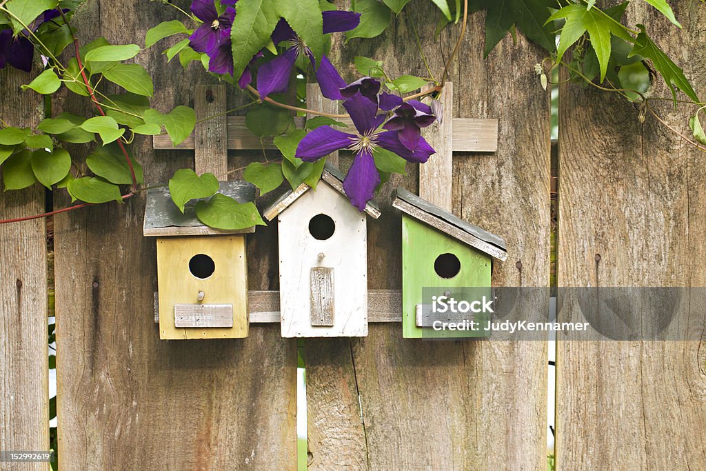 Trois birdhouses sur vieille clôture en bois avec des fleurs - Photo de Cabane à oiseaux libre de droits