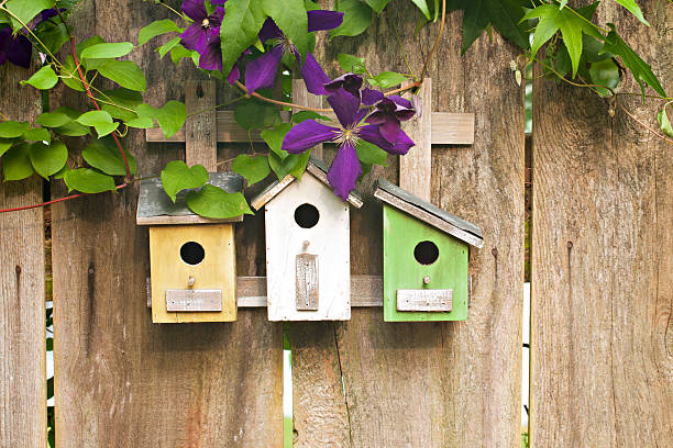 Three birdhouses on old wooden fence with flowers stock photo