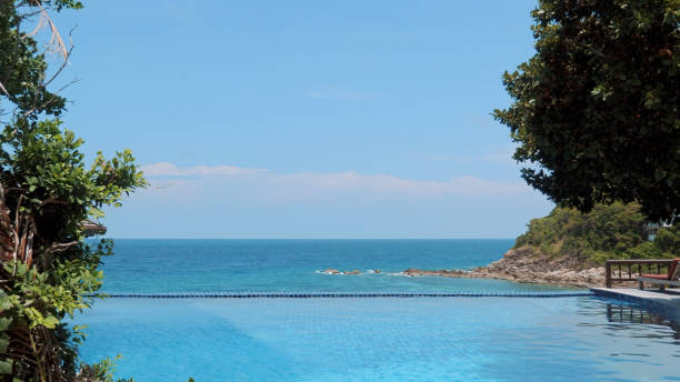 istock Stunning view from infinity swimming pool overlooking turquoise sea. 1529927745
