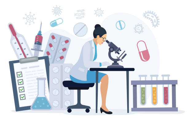 Medical tests. Female Scientist looking through microscope. A Scientist Experiment in the Lab. Biologist creating medicine and vaccines. vector art illustration