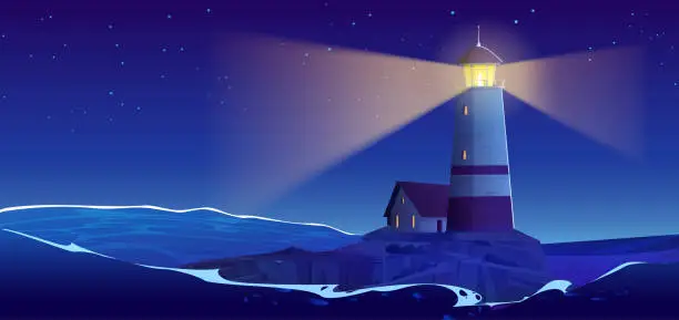 Vector illustration of Cartoon night seascape with lighthouse island
