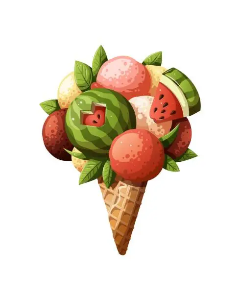 Vector illustration of Ice cream with watermelon in waffle cone.