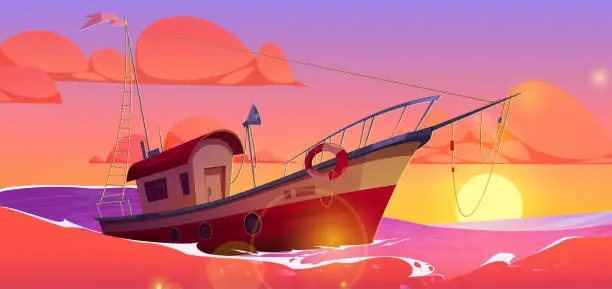 Vector illustration of Cartoon boat floating in sea, sunset background