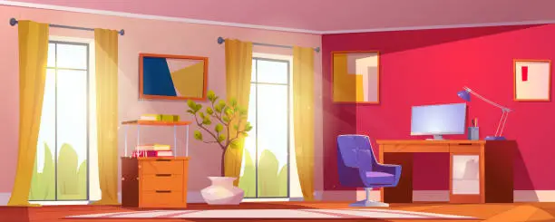 Vector illustration of Cartoon home office interior with furniture