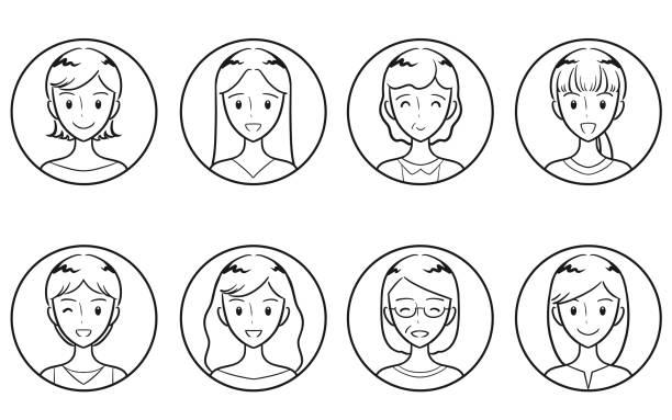 dorosłe kobiety w różnym wieku pozytywna ekspresja zestaw okrągłych ikon rysunek linii - happy group stock illustrations