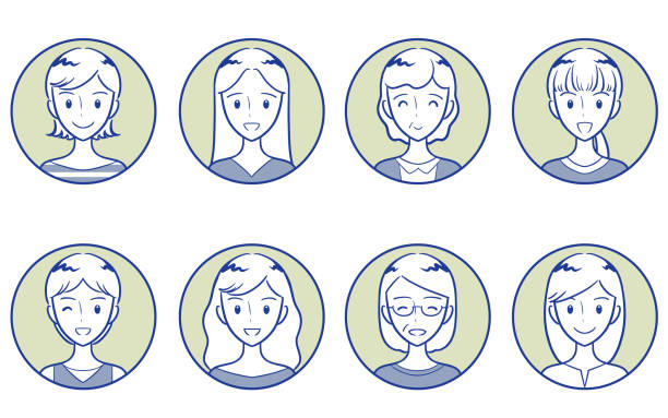 dorosłe kobiety w różnym wieku pozytywna ekspresja zestaw okrągłych ikon two-tone2 - happy group stock illustrations