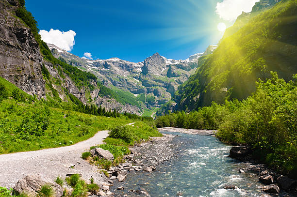 Idyllic alpine valley with mountain river in sun rays. stock photo