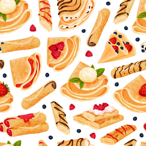 ilustrações, clipart, desenhos animados e ícones de crepe assado ou panqueca de alimentos sem costura modelo de vetor de design de padrão - healthy eating pasta flour food