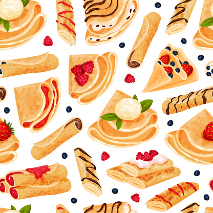 Baked Crepe or Pancake Food Seamless Pattern Design Vector Template. Fresh Tasty Nutrition Made of Wheat Flour with Different Filling Concept