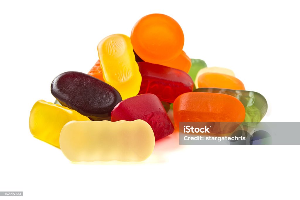 Wine Gums A selection of wine gums from low perspective isolated on white. Candy Stock Photo