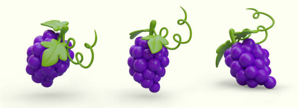 istock Isometric bunches of ripe purple grapes. Grape bunches with leaves and tendrils 1529996314