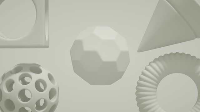 Geometric shapes floating in motion, loopable digital animation on white background