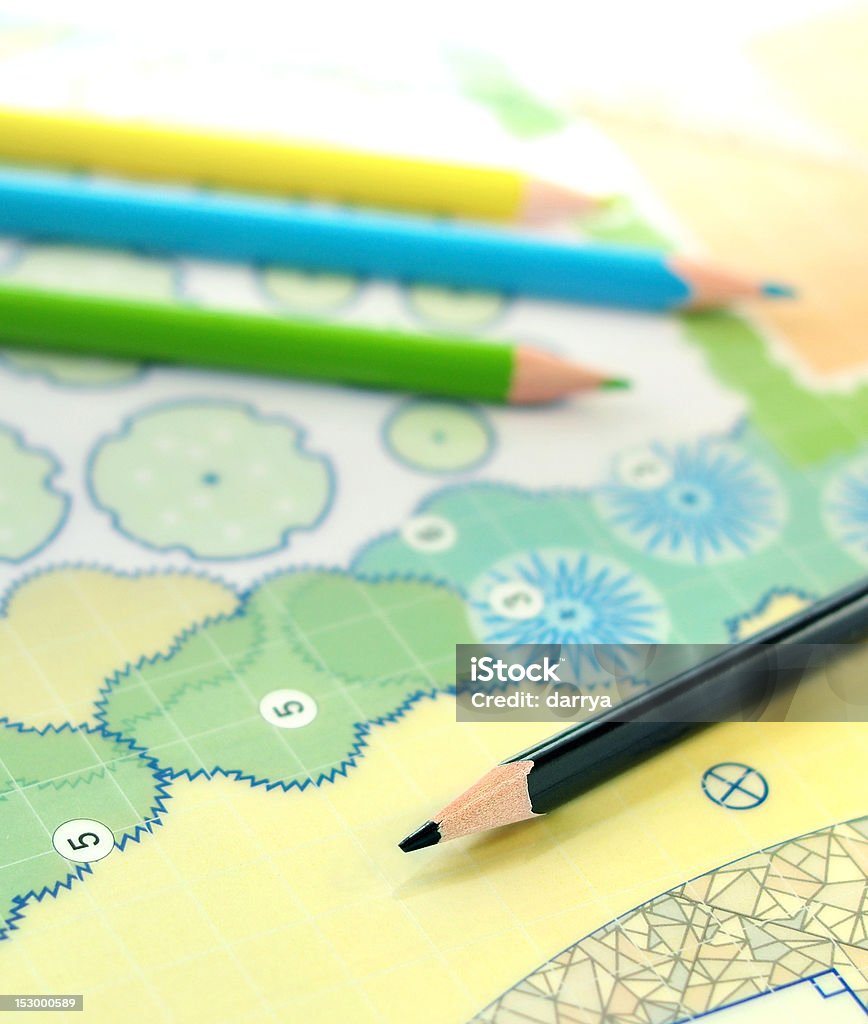 landscape architect drawing Landscape architect drawing and color pencils.Focus on a black pencil. Architect Stock Photo