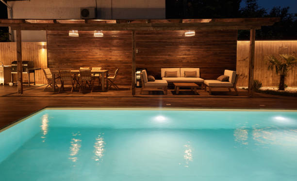 istock Modern patio by the swimming pool. 1530018560