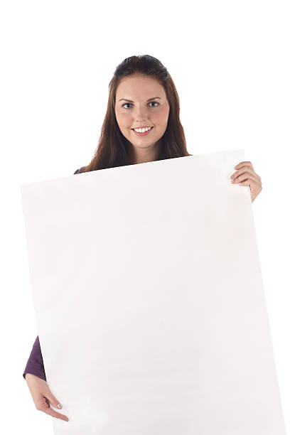 istock Smiling female holding big blank sign (isolated) 153001964