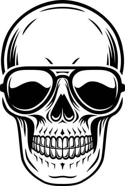 Vector illustration of skull with sunglasses face black and white illustration