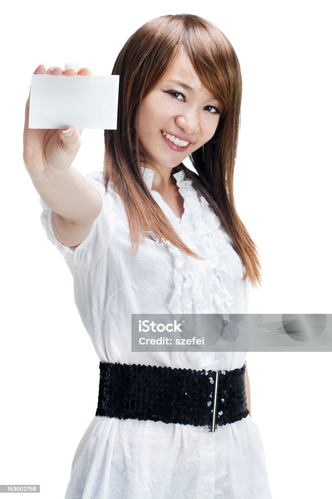 Business card Asian businesswoman holding a blank business card and smiling at the camera 20-29 Years Stock Photo