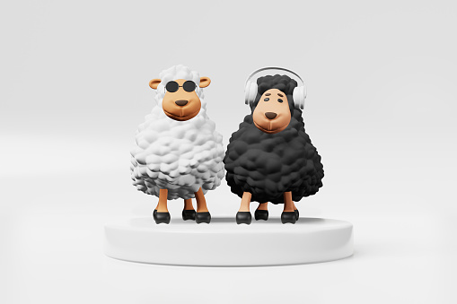 Two cool DJ sheep friends rhythmically dance playing music 3d rendering. Night club banner Party mood Funny cartoon lambs moving. Kids songs screensaver Dancing Ewes soulmates in headphones sunglasses