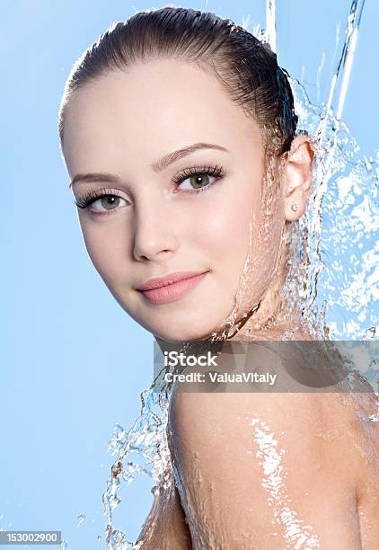 Teen With Clean Skin Under The Water Stock Photo - Download Image Now - Shower, Human Face, Water