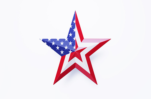 Star textured with American flag on white background. Horizontal composition with copy space.