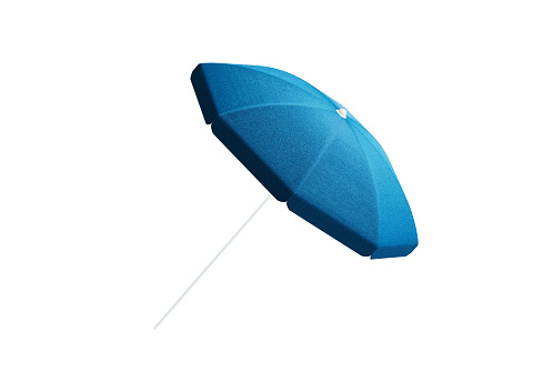 Blue parasol on white background. Horizontal composition with clipping path and copy space.