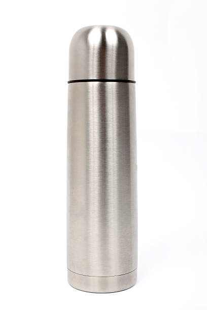 istock Metallic thermos isolated on white background. Studio photograph 153004047