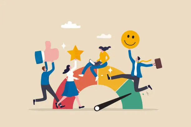 Vector illustration of Employee engagement, commitment or motivation to success with company, staff dedication or job satisfaction, productivity or employee recognition, business people employee with stars and happy reward.