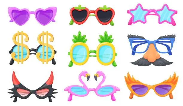 Vector illustration of Party spectacles. Funny glasses, carnival dress 70s eye accessories hippie sunglasses dollar stars heart lens frame, funky hipster eyeglasses fun specs