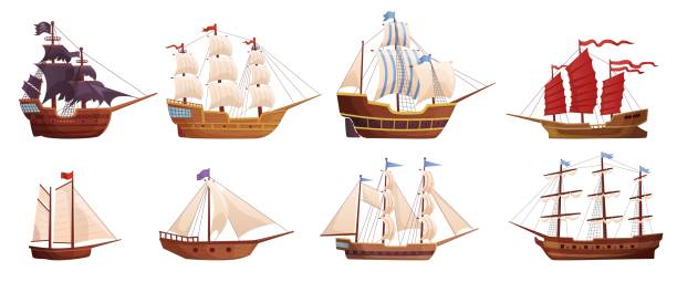 Old wooden ships. Cartoon sailing ship, wind sail boat pirate frigate warship longboat simple schooner nave, traditional ancient sailboat sea galleon, ingenious vector illustration Old wooden ships. Cartoon sailing ship, wind sail boat pirate frigate warship longboat simple schooner nave, traditional ancient sailboat sea galleon, ingenious vector illustration of boat or old ship old ship cartoon stock illustrations