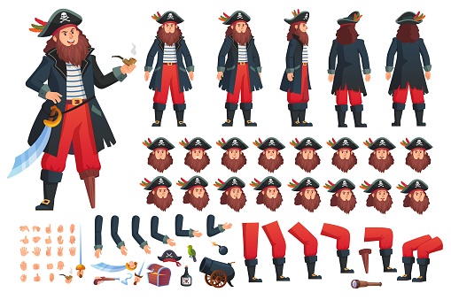 Pirate animation. 2d pirat animated character, cartoon man in pirates costume comic villain creation captain sailor motion corsair avatar constructor ingenious vector illustration